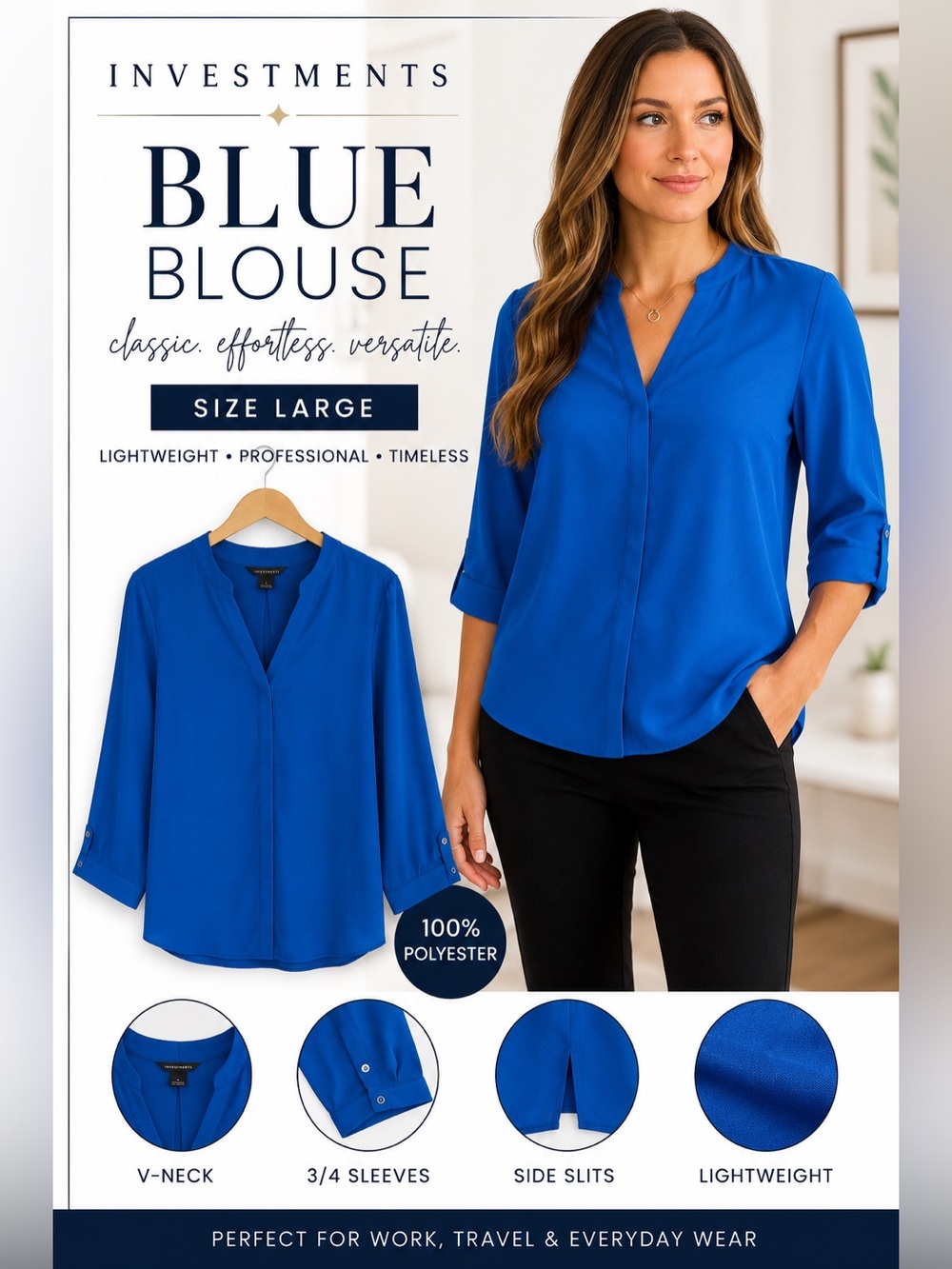 Investments Women’s Blue V-Neck Blouse Large 3/4 Sleeve Career Office Lightweigh